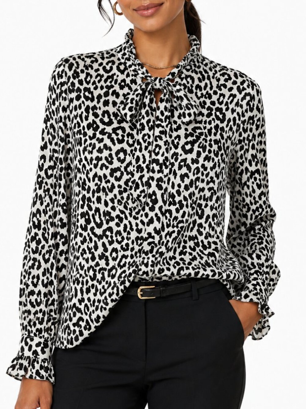 J.Crew 100% Silk Bold Leopard Ruffle Neck Popover Blouse Size 4